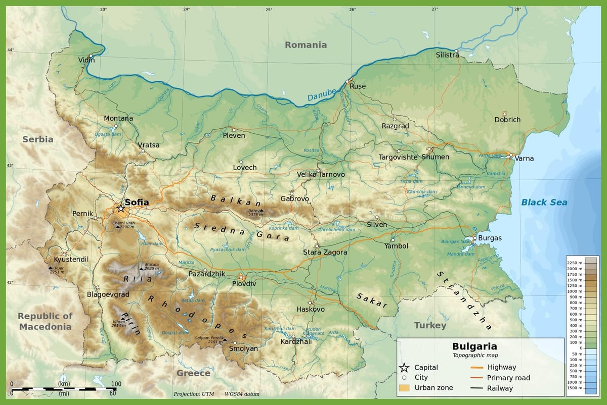 Bulgarija topografinis žemėlapis